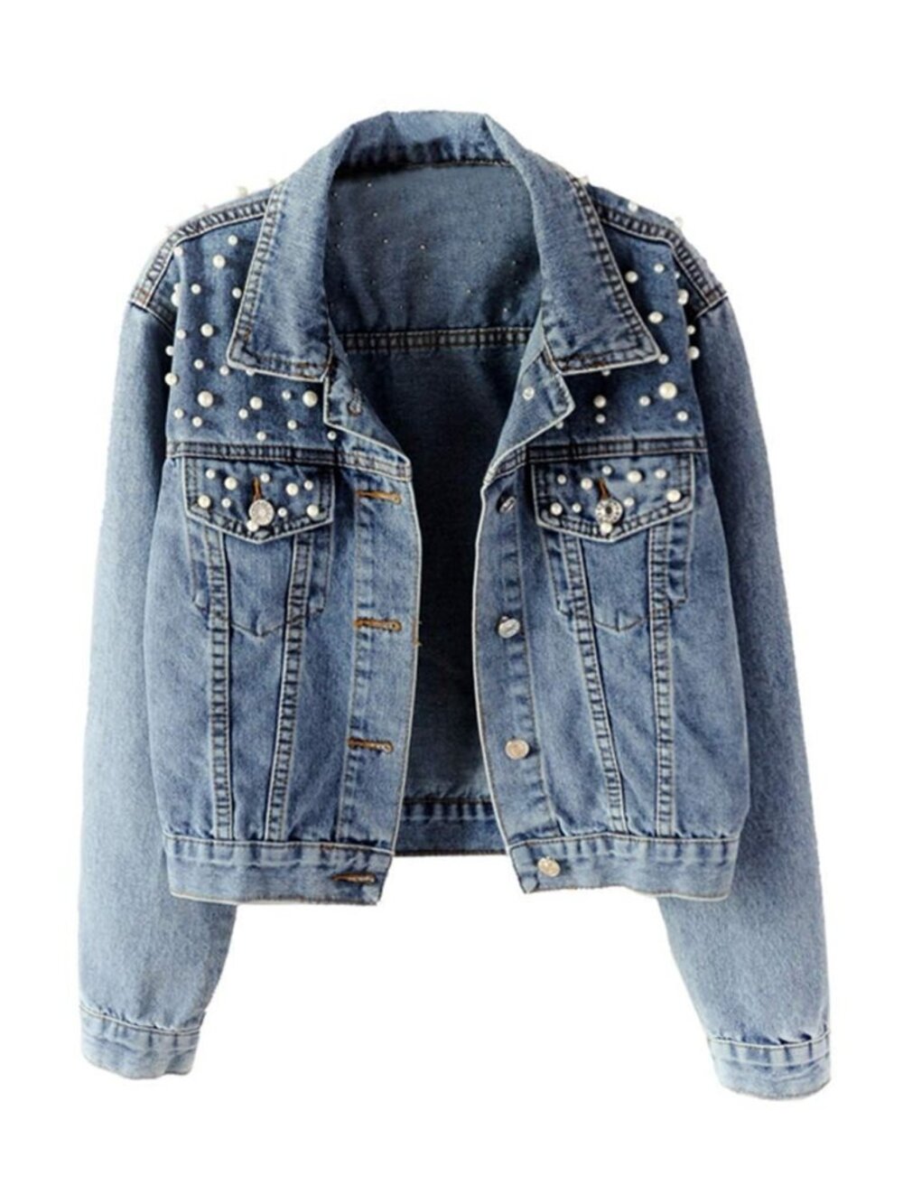 Women Oversized Denim Jacket Embroidered Pearls Beading Jeans Coat